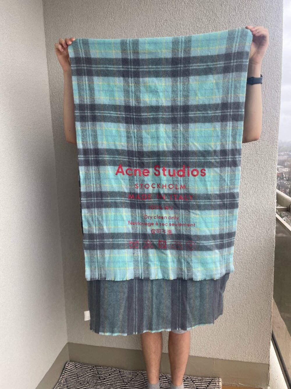 Acne Studios 100% Wool Scarf Blue Plaid, Made in Italy, 220x70 cm